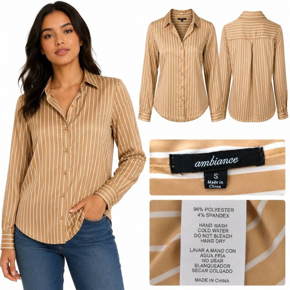 Ambiance S Camel White Stripe Button Down Blouse